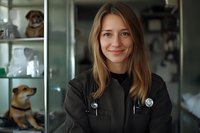 Young female veterinarian with brown hair and fair complexion wearing black scrubs and stethoscope, smiling in modern veterinary clinic with animal portraits and supplies visible in background.