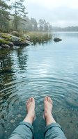 Person relaxing with bare feet in calm lake water surrounded by rocky shoreline and pine forest on misty morning for wellness and mindfulness concepts.