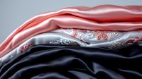 Luxurious layered silk fabric in coral pink, silver and black colors with floral pattern creates elegant waves and folds against dark background. Soft textile background.