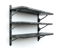 Industrial metal wall shelves with three tiers mounted on black brackets, featuring weathered gray finish and minimalist design for storage solutions.