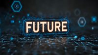 Glowing futuristic text with neon blue hexagonal pattern and digital grid background creates modern technological atmosphere for business presentations.