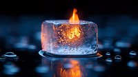 Burning candle frozen in ice cube creates dramatic contrast between fire and ice, with orange flame glowing through crystalline structure against dark background.