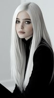 Young woman with platinum white long straight hair wearing black turtleneck against light background, dramatic fashion portrait with natural makeup and intense gaze.