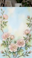 Watercolor garden roses with buds and green foliage arranged on soft pastel background, creating elegant floral frame border. Suitable for wedding invitations, greeting cards, stationery design.