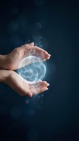 Two hands holding glowing digital sphere with neural network patterns against dark background, representing artificial intelligence, technology innovation, and future digital solutions.