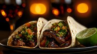 Mexican street tacos with grilled marinated beef topped with fresh cilantro, onion and lime on corn tortillas against dark background with bokeh lights.