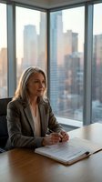 Confident mature businesswoman with silver hair in gray suit reviewing documents at conference table in modern office with city skyline view at sunset.