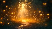 Magical forest path illuminated by glowing golden butterflies and sunbeams creating ethereal atmosphere with sparkles and light rays in dark woods.