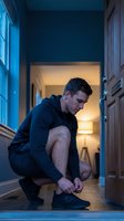 Caucasian man in dark clothing tying shoelaces at home entrance, preparing to leave house in evening light with warm interior hallway background.