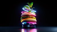 Glowing neon burger with fresh green sprout floating in dark space, creative fast food concept with colorful light trails and modern design elements.