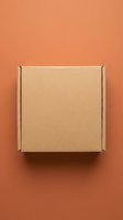 Closed cardboard box on terracotta background, top view. Kraft paper shipping container for packaging, delivery, and logistics design projects.