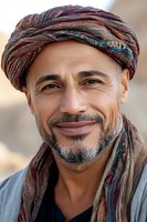 Middle Eastern man with salt and pepper beard wearing traditional multicolored turban headwrap smiles warmly at camera, expressing genuine joy and cultural pride.