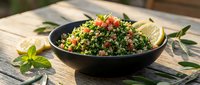 Tabbouleh salad with fresh parsley, tomatoes, and bulgur wheat served in black bowl with lemon wedges and mint garnish on wooden table for Mediterranean cuisine and healthy eating.