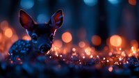 Young deer fawn with large ears surrounded by magical bokeh lights creating dreamy forest atmosphere for wildlife and nature projects.