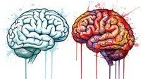 Two human brains with watercolor paint drips showing contrast between logical thinking and creative artistic expression for medical education.