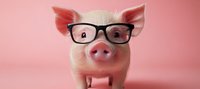 Smiling pink piglet wearing black-rimmed glasses against pink background, close-up portrait view. Concept of smart, education and intelligence in agriculture.