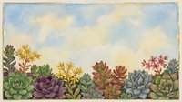Watercolor succulent garden border with colorful plants and cloudy sky background for botanical design projects and nature-themed decorations.