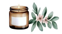 Minimalist brown glass candle jar with blank label and soft pink flowers with green leaves arrangement, watercolor style botanical composition on white background.
