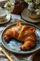 Fresh buttery croissant served on vintage blue floral plate with morning tea setting, white flowers in ceramic vase create cozy breakfast atmosphere. Perfect for food blogs and cafe marketing.