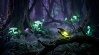 Glowing firefly on moss-covered branch in enchanted dark forest with magical purple and green lighting creating mystical fairy tale atmosphere.