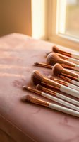 Professional makeup brush set with rose gold ferrules arranged on a pink surface in warm window light, perfect for beauty and cosmetic content.