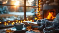 Cozy autumn evening with open book, hot coffee cup and knitted blanket by window, warm fireplace glow and fairy lights creating perfect hygge atmosphere for relaxation and reading.