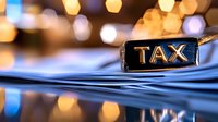 Tax concept with glowing letters and blurred bokeh lights reflecting on blue surface, financial document background for accounting and business services.