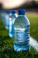Fresh water bottle with condensation drops on green grass in soft evening light, bokeh background creates refreshing summer hydration concept.