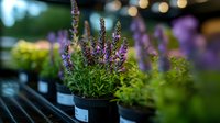 Purple salvia flowers in black plastic pot against blurred garden background, fresh growing herbs and plants at garden center for landscaping projects.