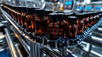 Rows of amber glass bottles with black caps on automated pharmaceutical production line conveyor belt. Industrial manufacturing process in modern facility.