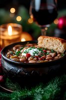 Cozy winter bean soup garnished with sour cream and herbs, served in rustic bowl with bread, candles and red wine. Holiday comfort food setting.