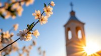 Blooming cherry tree branch with delicate pink flowers against blue sky and church bell tower silhouette at sunset, sun rays creating magical spring atmosphere.