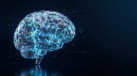 Digital brain with glowing neural networks and electrical connections on dark background for artificial intelligence and neuroscience concepts.