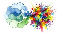 Watercolor brain illustration showing left logical side and right creative colorful side with abstract shapes and splashes on white background.