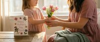 Young daughter giving pink tulip flowers to mother on Mother's Day morning in bright home interior with greeting card on table.