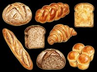 Assorted fresh baked bread collection isolated on transparent background. Includes artisan loaves, croissants, toast, and rolls ready for bakery designs, menus, t-shirts, and print-on-demand products.