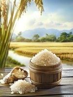 Raw white rice grains in wooden barrel against scenic rice field landscape with irrigation canal, mountains and golden wheat stalks in foreground.