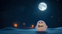 Cute ghost decoration glowing in moonlit snowy landscape with full moon and stars in dark blue night sky, creating spooky yet playful Halloween atmosphere.