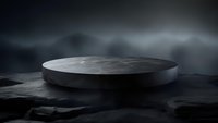 Dark stone platform podium on rocky surface with dramatic cloudy sky background for product display and presentation purposes.