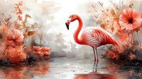 Graceful flamingo standing in tranquil water surrounded by coral-colored flowers and foliage, creating dreamy atmosphere with soft reflections and misty background.