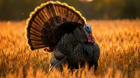 Wild turkey male displaying fanned tail feathers in golden wheat field during sunrise, showcasing natural behavior and plumage for wildlife and nature content.