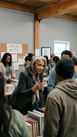 Diverse group of people browsing books at community center book fair with wooden beams and community matters bulletin board in background.