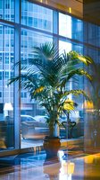 Elegant palm plant in terracotta pot against large office windows with modern lobby seating area and reflective marble floors creating luxurious business atmosphere.