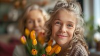 Young blonde Caucasian girl with blue eyes smiling while holding bouquet of orange tulips, with another child blurred in background. Warm indoor setting.