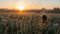 Spider weaving intricate web with morning dew drops at golden sunrise in meadow field creating natural geometric patterns for nature photography.