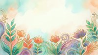 Soft watercolor floral background with colorful hand-drawn flowers, swirls, and leaves in pastel tones, perfect for cards, banners, and invitations.