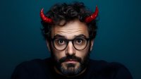 Bearded man with red devil horns and glasses making surprised expression against dark background. Creative portrait for Halloween or costume party concept.