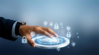 Businessman hand touching futuristic holographic interface with security lock icons and digital technology elements for cybersecurity concepts.