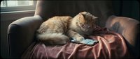 Fluffy tabby cat relaxing on owner's lap in car with blanket, perfect for pet travel and comfort lifestyle content.