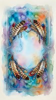 Watercolor boho feather wreath frame with turquoise beads on vibrant rainbow background, ornate silver border, copy space for text or design.